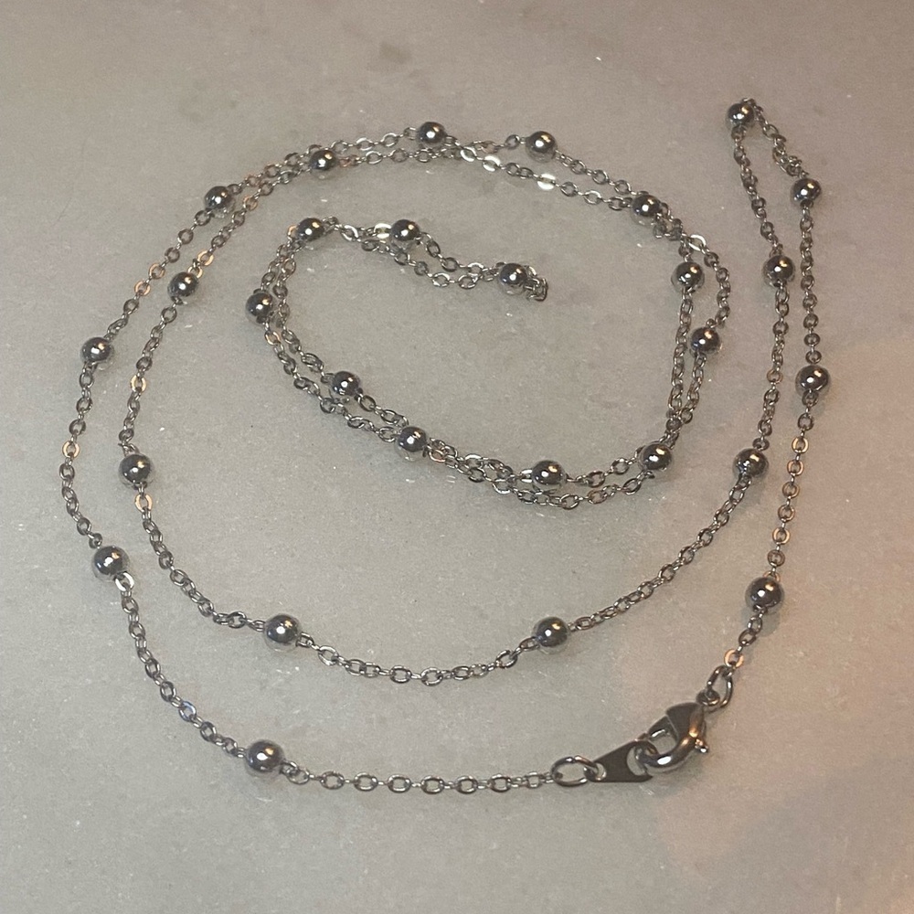 Stainless Steel Beaded Station Chain Necklace – 30” Long, 4g, Silver Tone‎